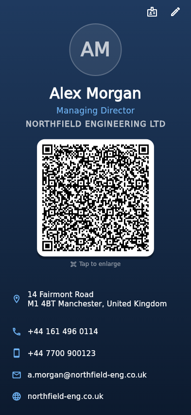 The card with photo, details and QR code